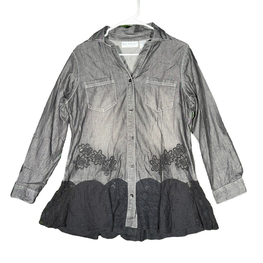 Bleu Bayou Womens Grey Embroidered Lace Button Down Peplum Top Sz M Grunge Boho